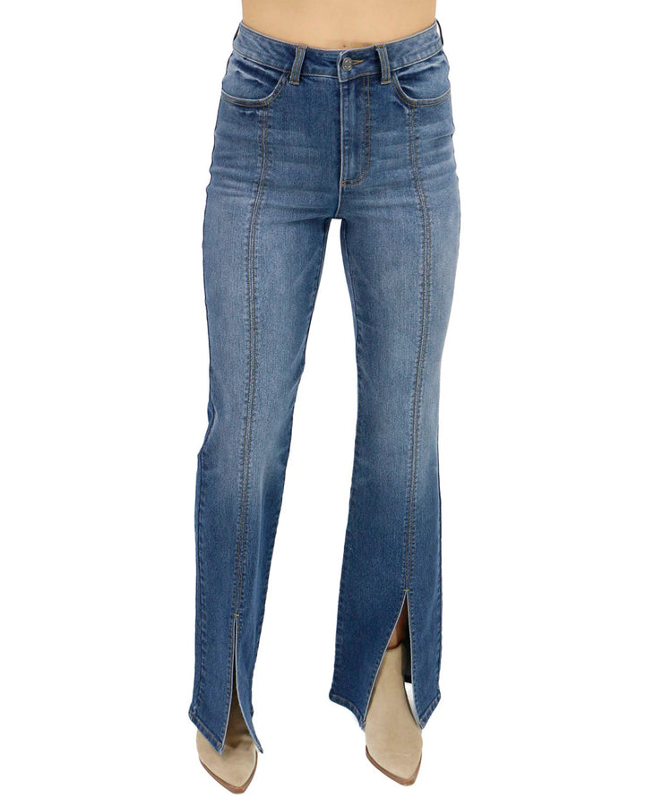 Grace and Lace- Front Slit Aged Mid-Wash Jeans