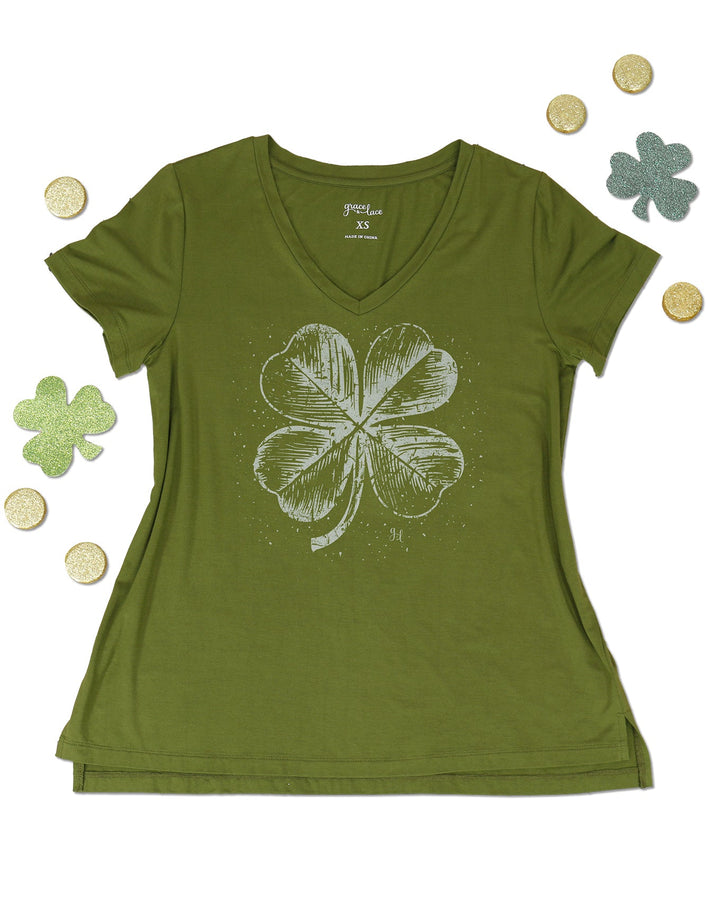 Grace and Lace VIP Favorite Perfect V-Neck Graphic Tee - Four Leaf Clover