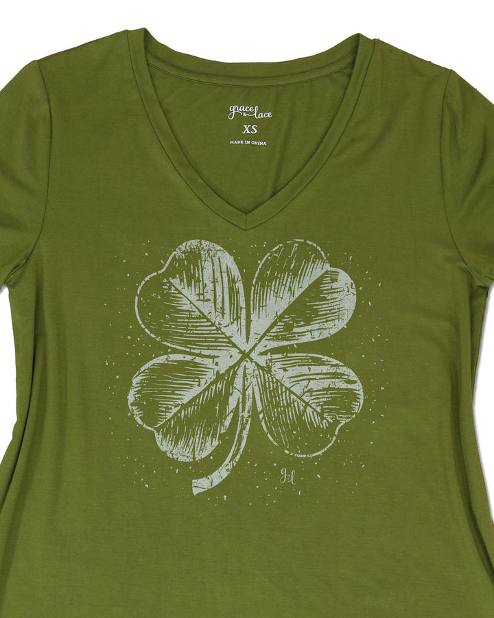 Grace and Lace VIP Favorite Perfect V-Neck Graphic Tee - Four Leaf Clover