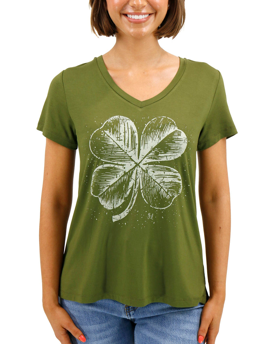 Grace and Lace VIP Favorite Perfect V-Neck Graphic Tee - Four Leaf Clover