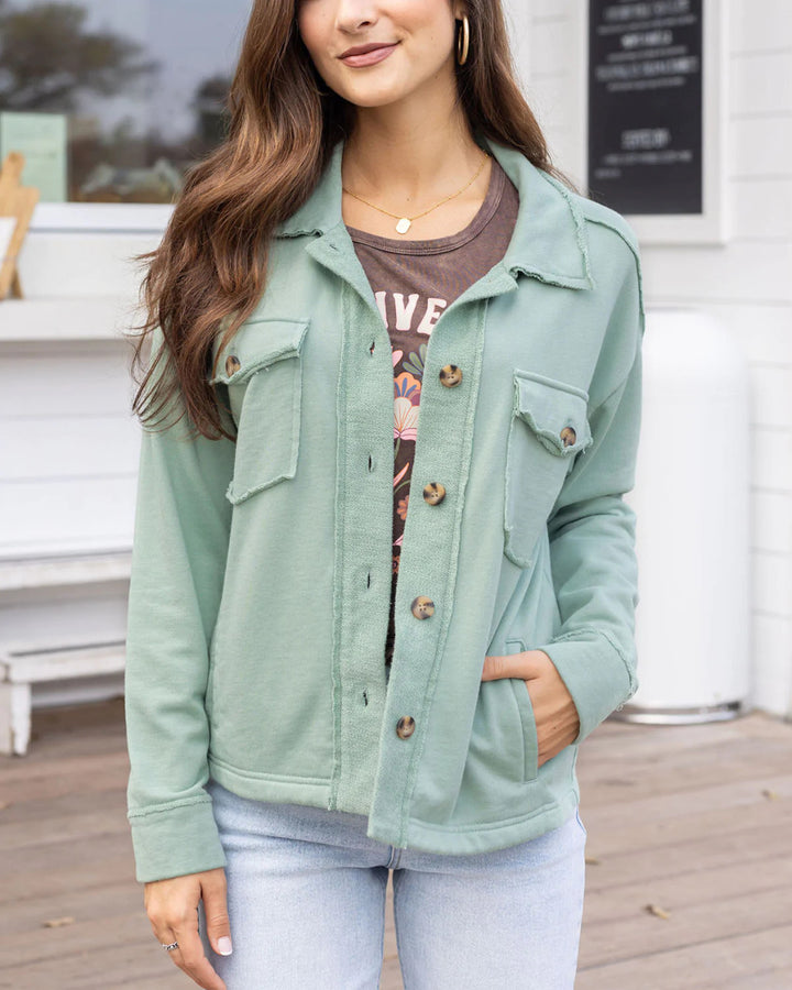 Grace and Lace Terry Homecoming Shacket - New Green