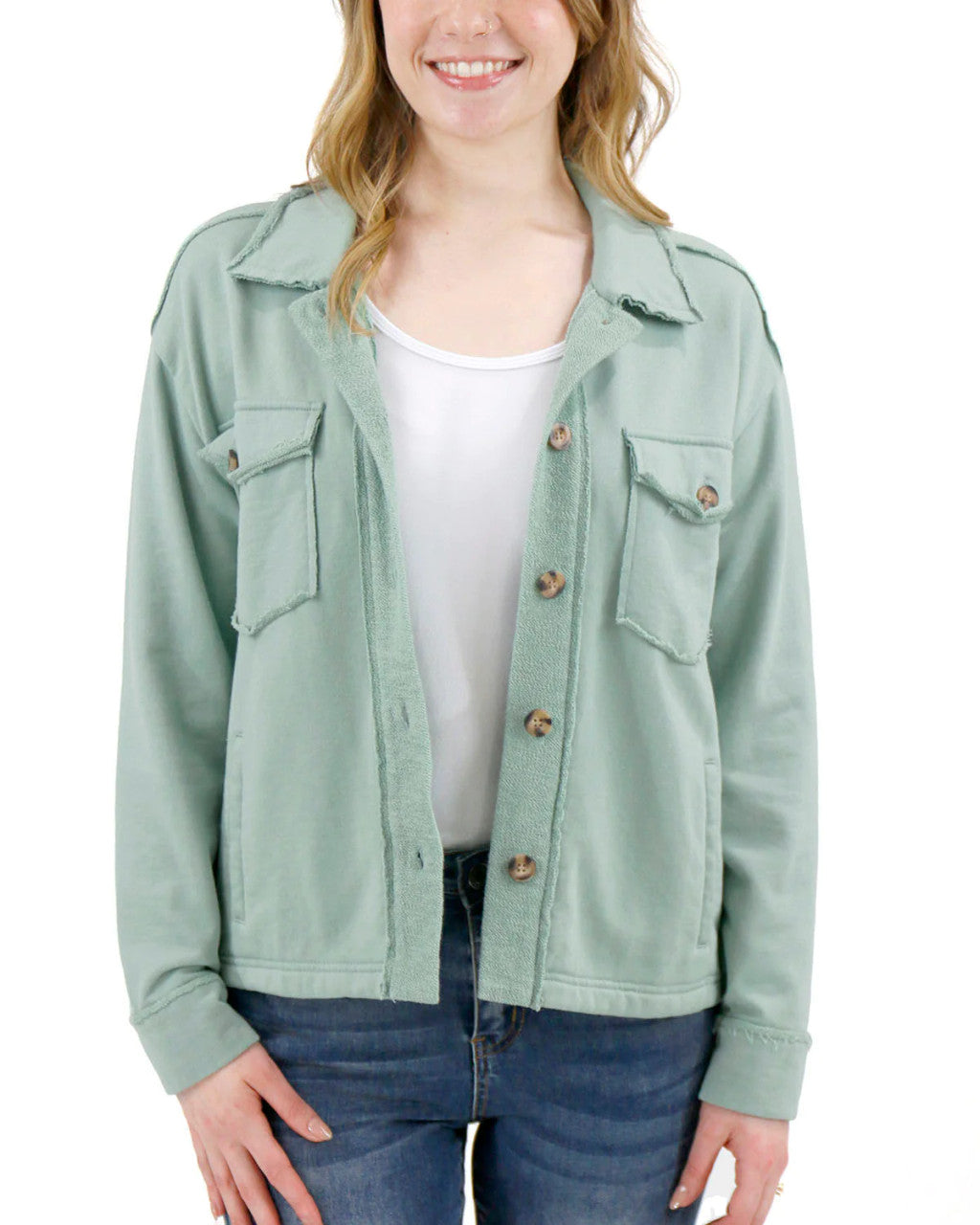 Grace and Lace Terry Homecoming Shacket - New Green