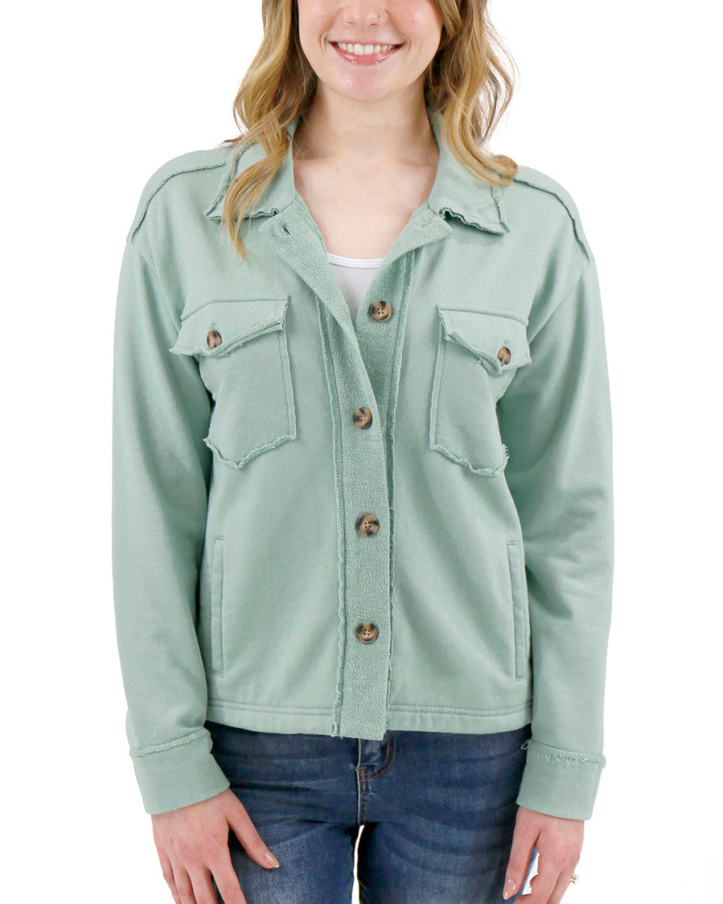 Grace and Lace Terry Homecoming Shacket - New Green