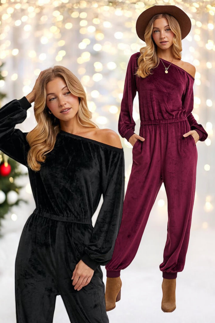 VELVET ONE SHOULDER BOAT NECK JUMPSUIT