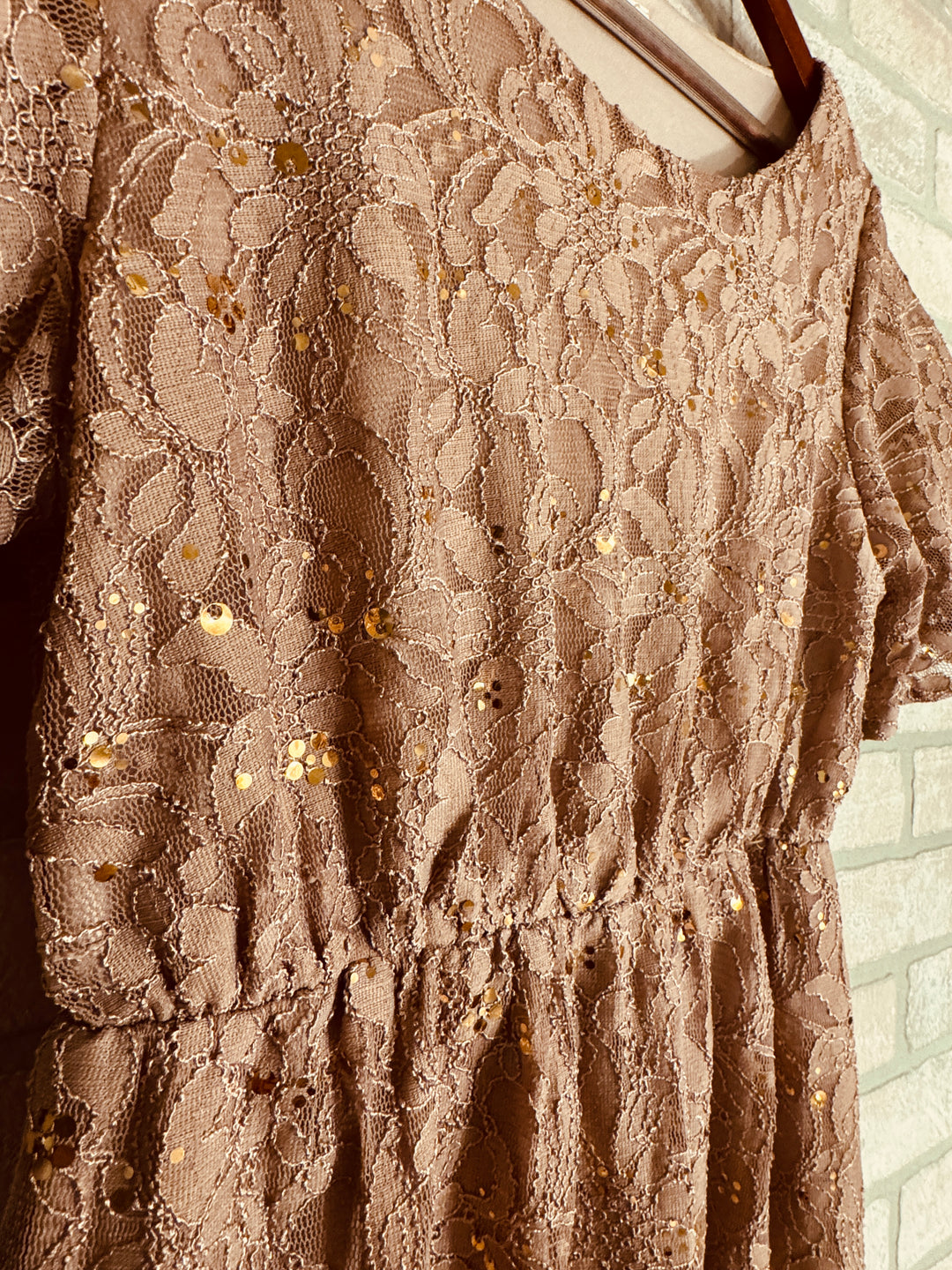 Champagne Lace & Gold Sequined Maxi Dress