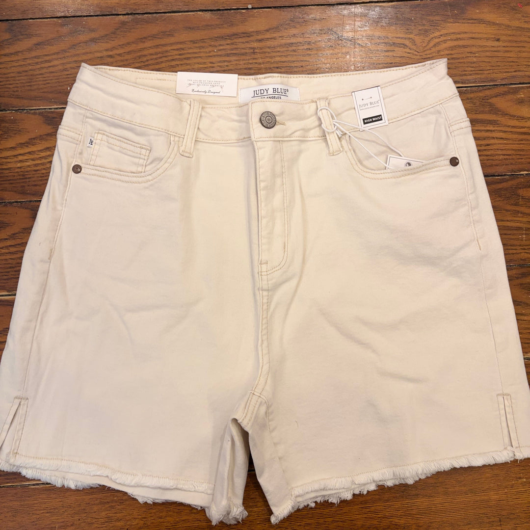Judy Blue- High-Rise Cut-Off Ivory Denim Shorts.