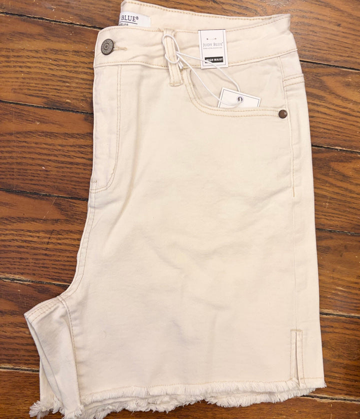 Judy Blue- High-Rise Cut-Off Ivory Denim Shorts.