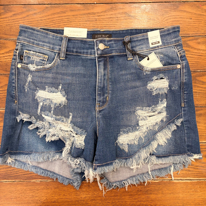 Judy Blue- Mid-Rise Tulip Hem Distressed Shorts