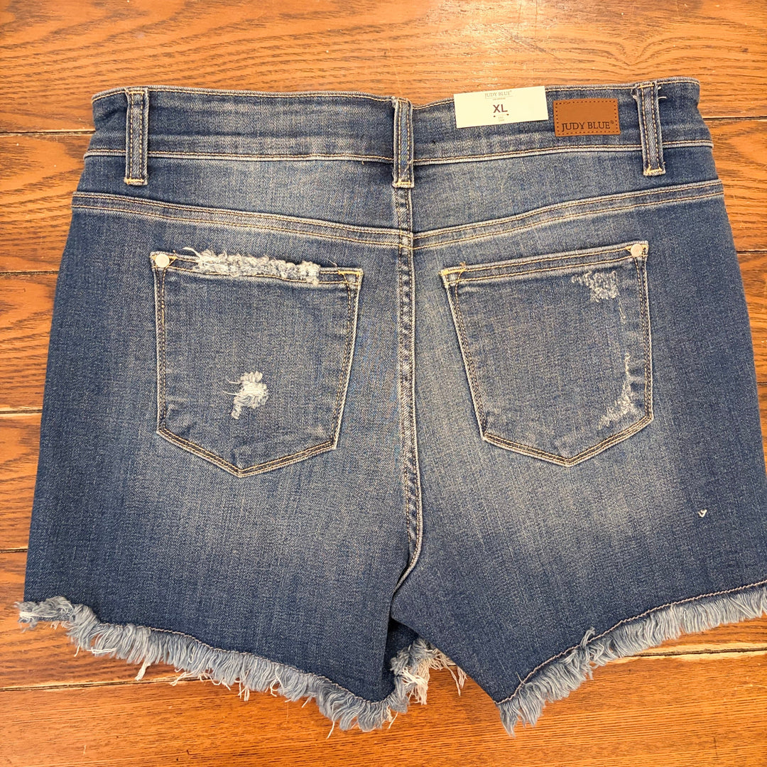 Judy Blue- Mid-Rise Tulip Hem Distressed Shorts