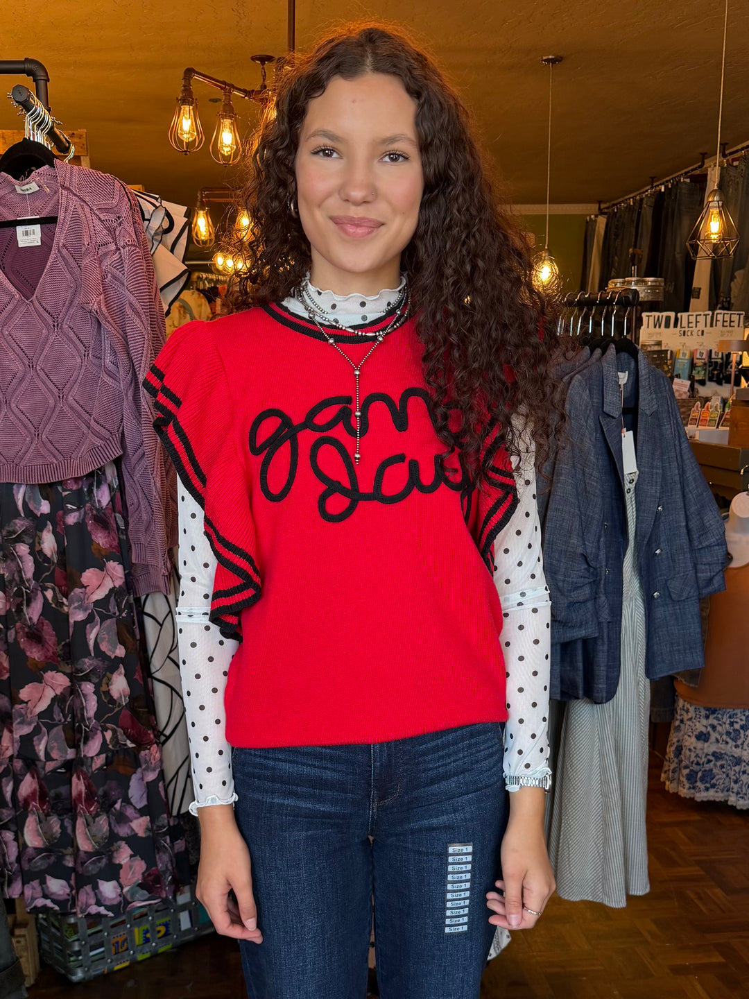 Ruffle Sleeve Varsity Gameday Knit Top -  Red/Black