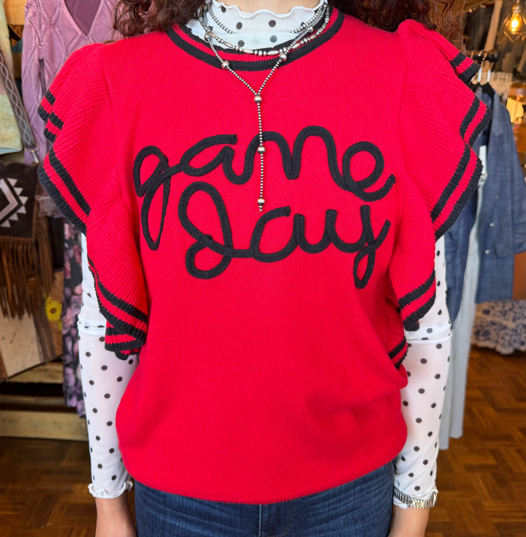 Ruffle Sleeve Varsity Gameday Knit Top -  Red/Black