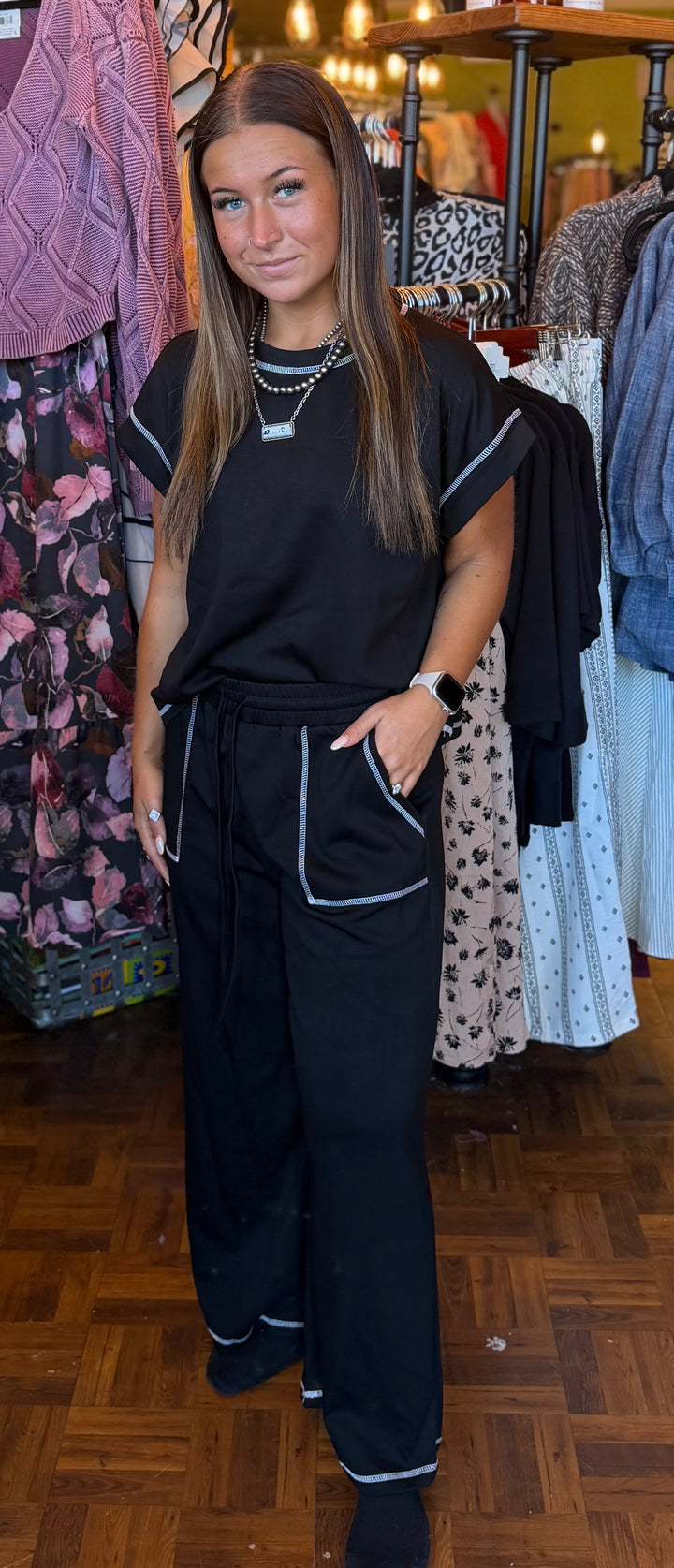 Scuba Contrast Stitch Lounge Set - Black
