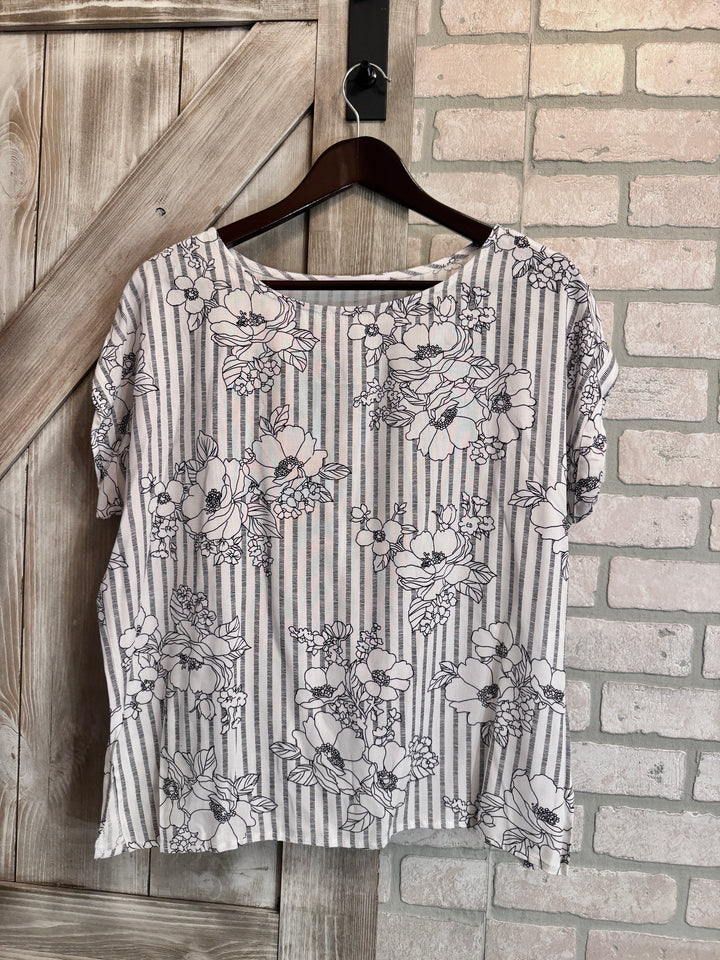 Timeless Bloom Striped Top - White with Black Floral Print