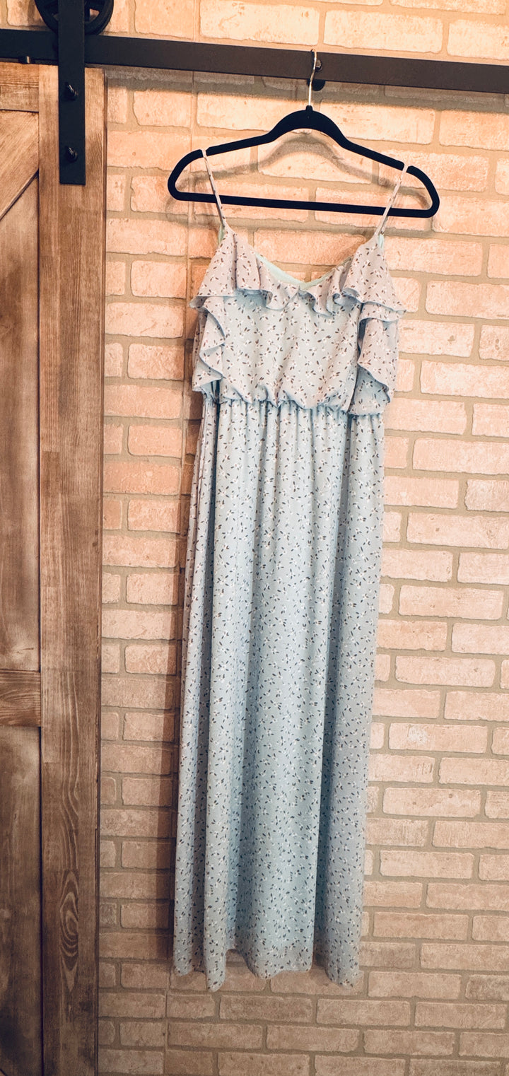 Whispering Meadow Ruffle Mint Maxi Dress
