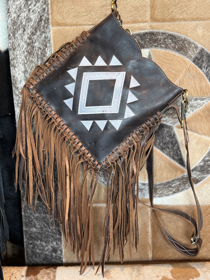 Aztec All Tooled Leather Crossbody with Fringe