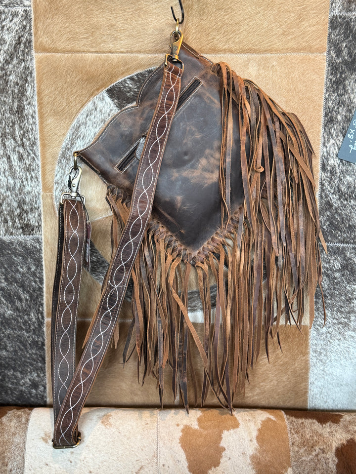 Aztec All Tooled Leather Crossbody with Fringe
