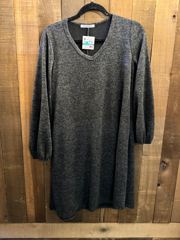 Chris & Carol V-neck Bell Sleeve Dress - Heathered Dark Charcoal