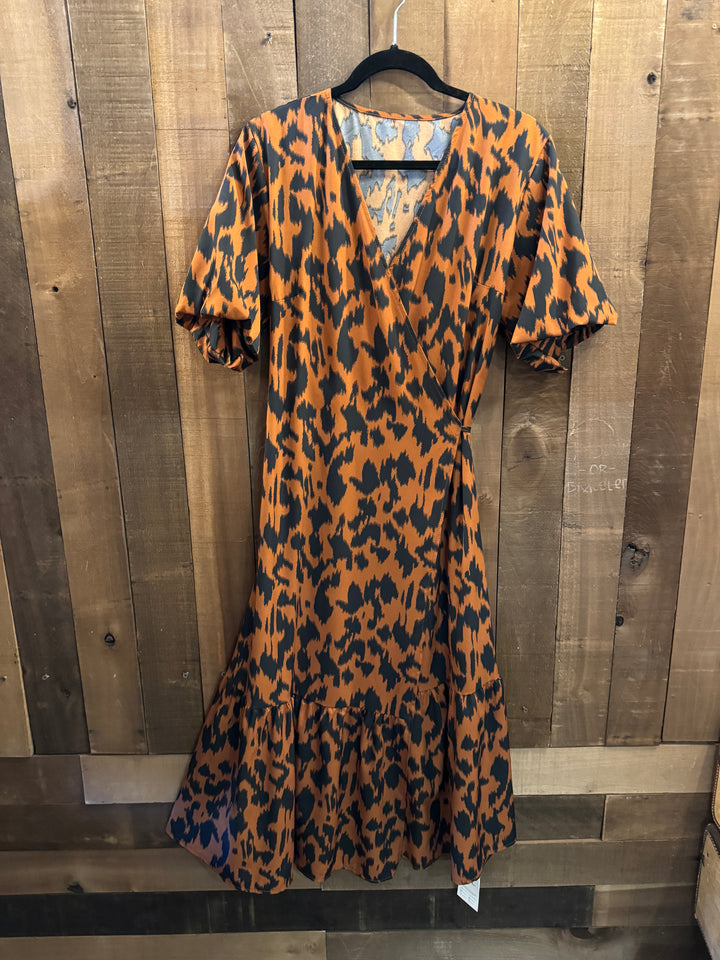 Cheetah Print Wrap Dress - Rust/Black