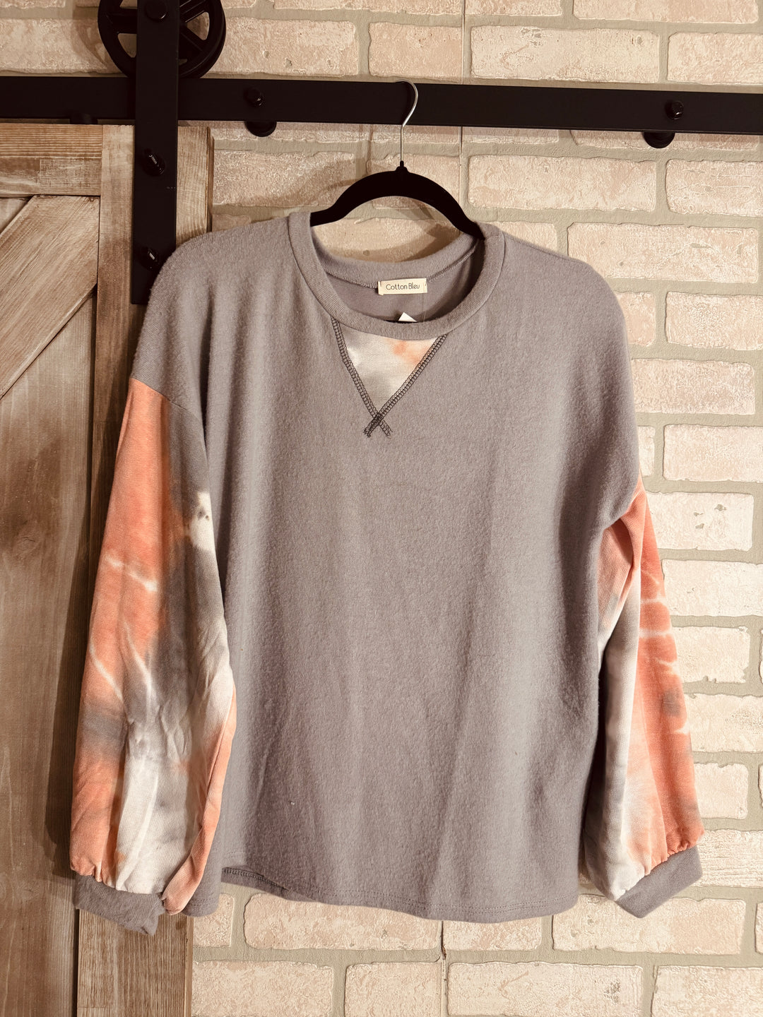 Cotton Bleu Tie Dye Long Sleeve Brushed Knit Top - grey