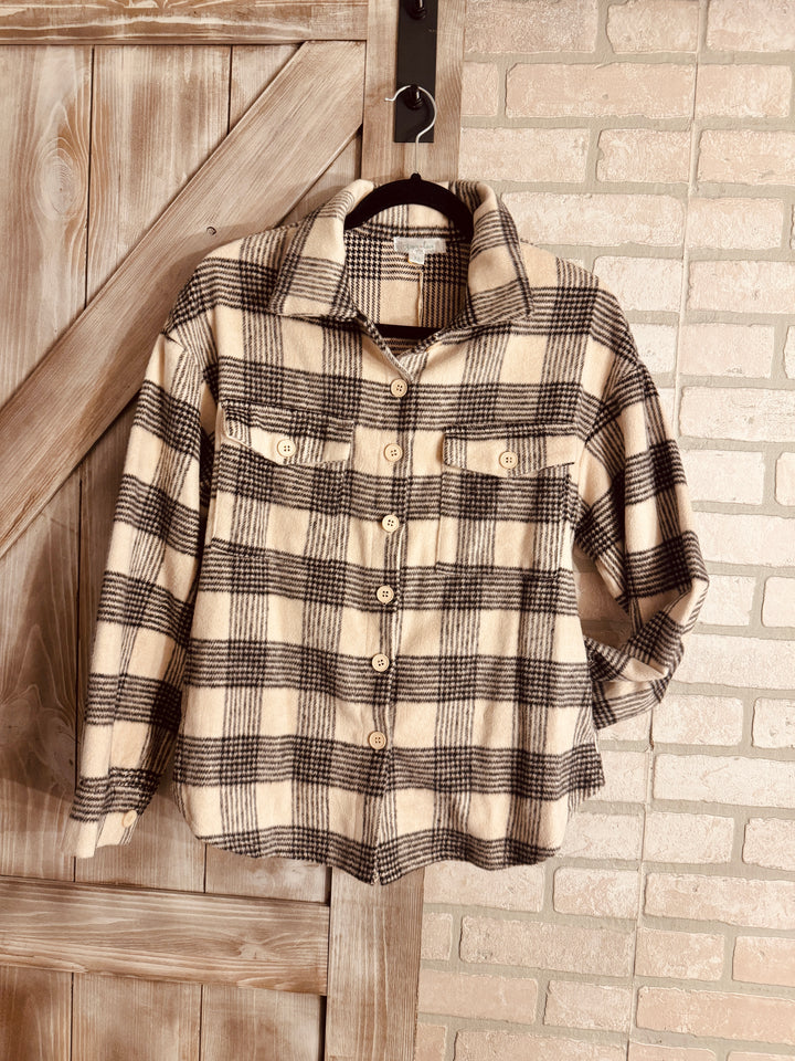 Grace and Lace Flannel Neutral Plaid Shacket in Ivory/Black