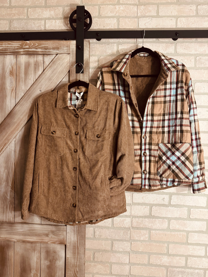 Grace and Lace - Reversible Corduroy Shacket - Tan/Olive Plaid