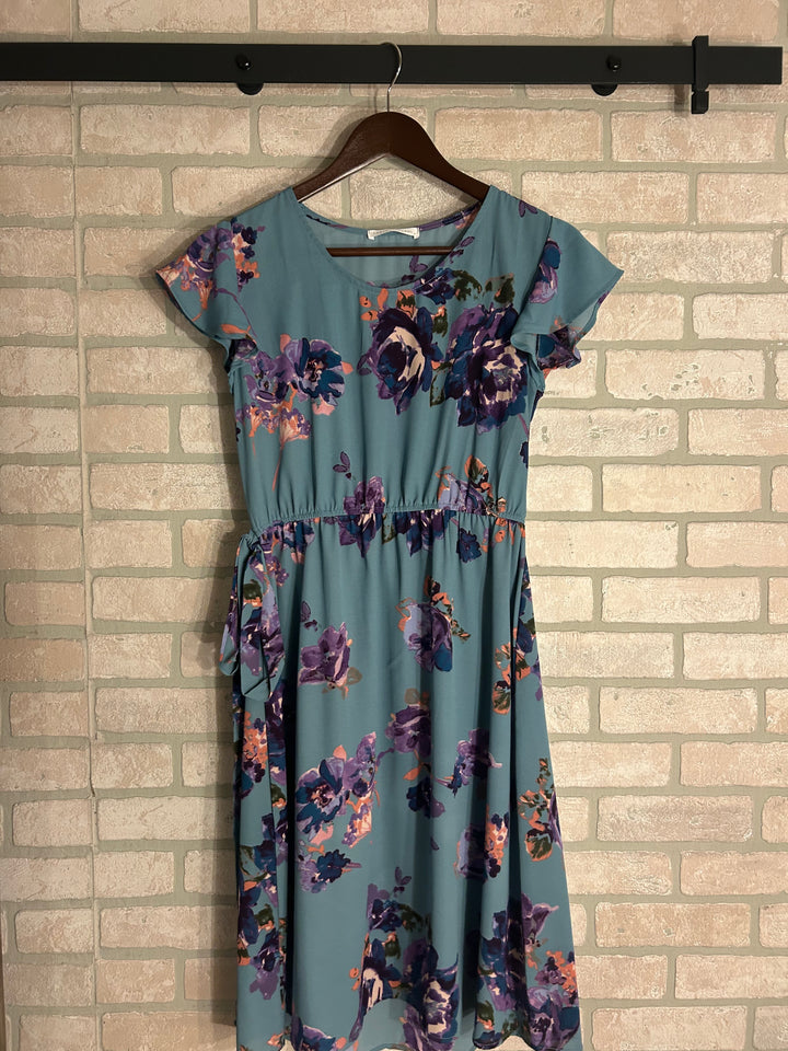 Dusty Blue Floral Print Dress