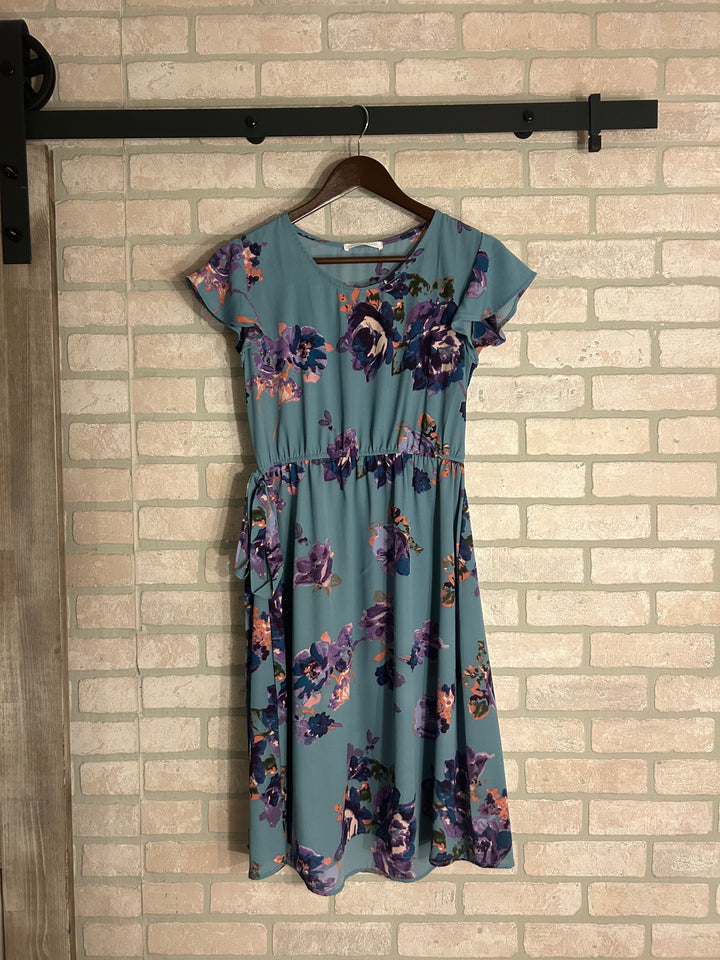 Dusty Blue Floral Print Dress