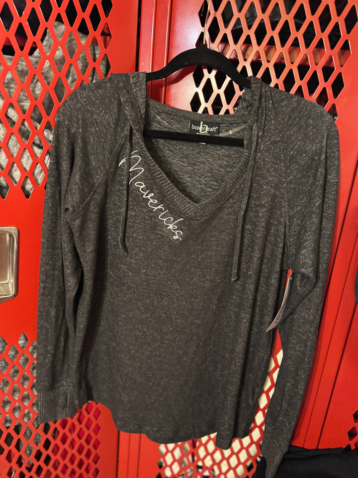 Lady Mavericks V-Neck Hooded Pullover - Dark Gray - White Embroidery