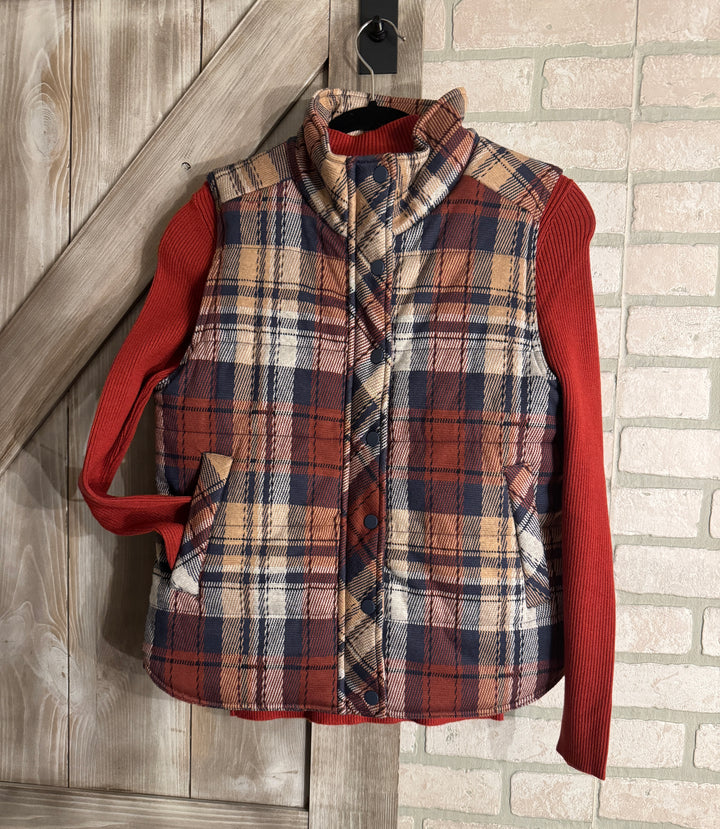 Jacquard Plaid Padded Vest in Scarlet
