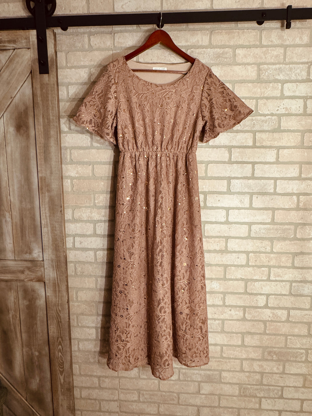 Champagne Lace & Gold Sequined Maxi Dress