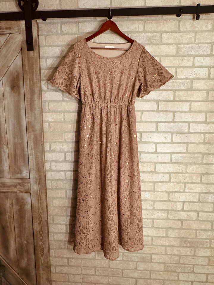 Champagne Lace & Gold Sequined Maxi Dress