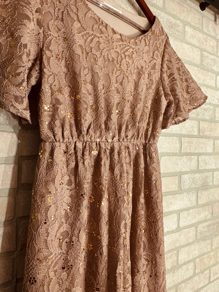 Champagne Lace & Gold Sequined Maxi Dress