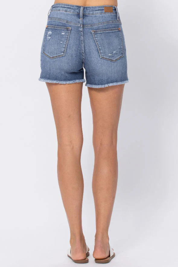 Judy Blue Denim Patch Cutoff Side Slit Shorts - Patched Distressed