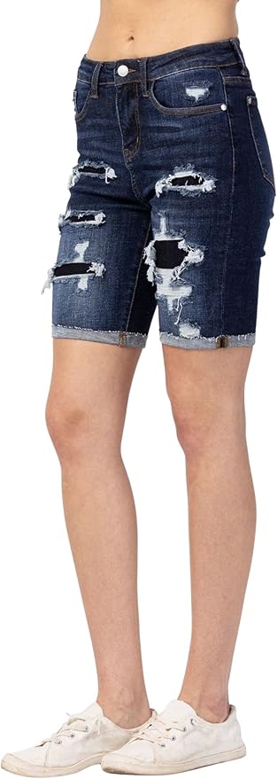 Judy Blue Women's High-Rise Patch Destroyed Bermuda Shorts