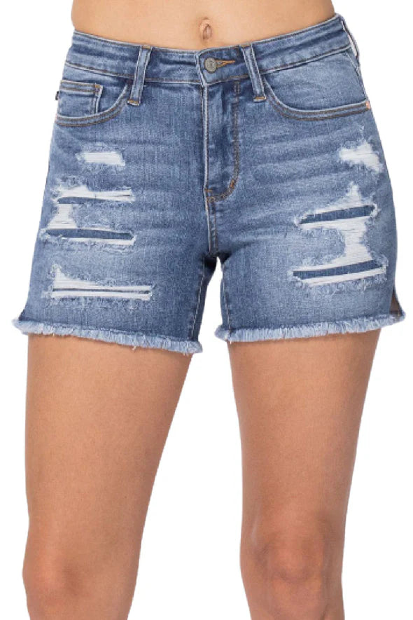 Judy Blue Denim Patch Cutoff Side Slit Shorts - Patched Distressed