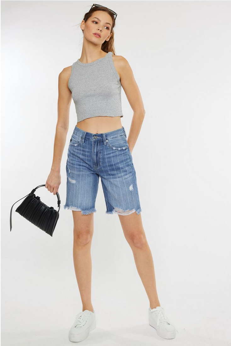 KanCan Ultra High Rise Distressed Bermuda Shorts w/ Pinstripes