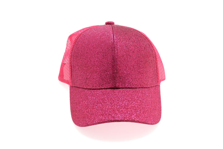 Kids Glitter High Ponytail CC Ball Cap - Hot Pink