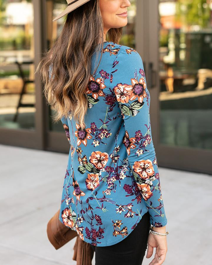 Grace and Lace Long Sleeve Perfect Pocket Tee in Fashion Print - Dusty Blue Floral