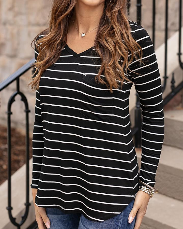 Grace and Lace Long Sleeve Perfect Pocket Tee in Fashion Prints - Black with White Stripes