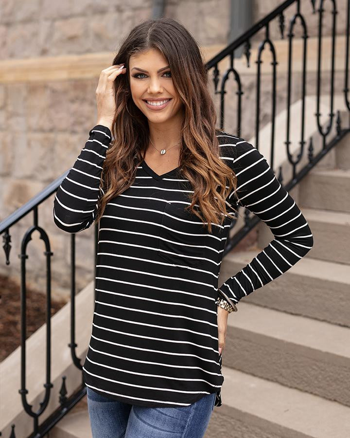 Grace and Lace Long Sleeve Perfect Pocket Tee in Fashion Prints - Black with White Stripes