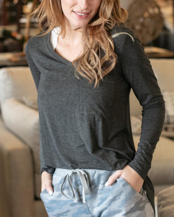 Grace and Lace Long Sleeve Perfect Pocket Tee - Charcoal