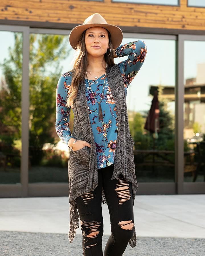 Grace and Lace Long Sleeve Perfect Pocket Tee in Fashion Print - Dusty Blue Floral