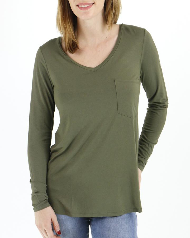 Grace and Lace Long Sleeve Perfect Pocket Tee - Olive