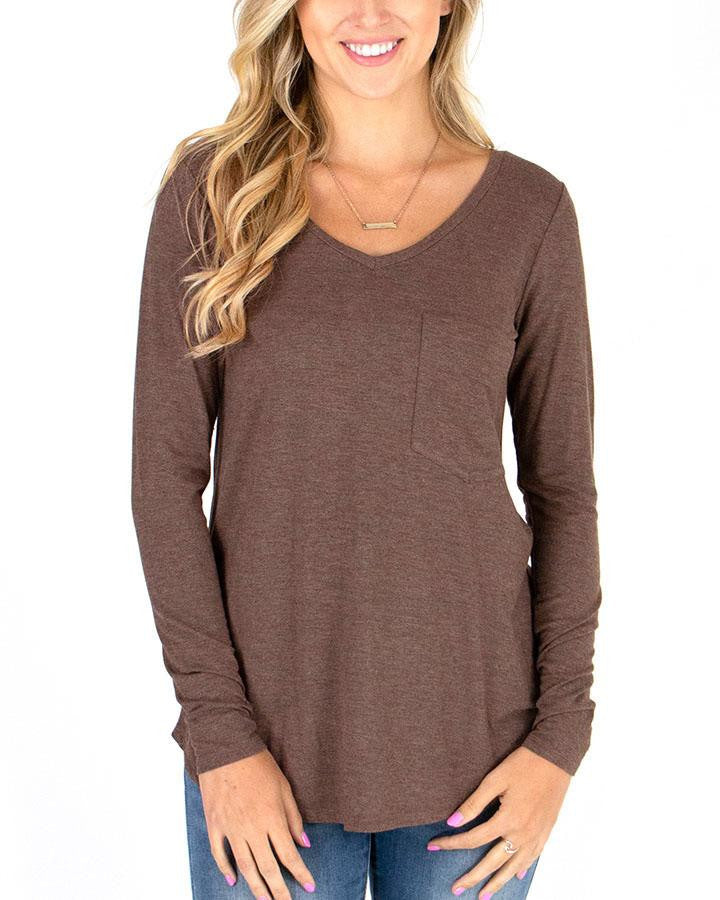 Grace and Lace Long Sleeve Perfect Pocket Tee - Heathered Chocolate