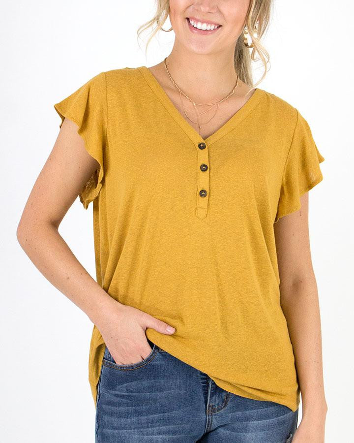 Grace and Lace Linen Slub Henley- Mustard