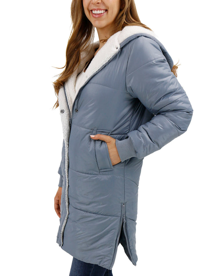 Grace and Lace Longline Hooded Puffer Jacket - Silver Mist