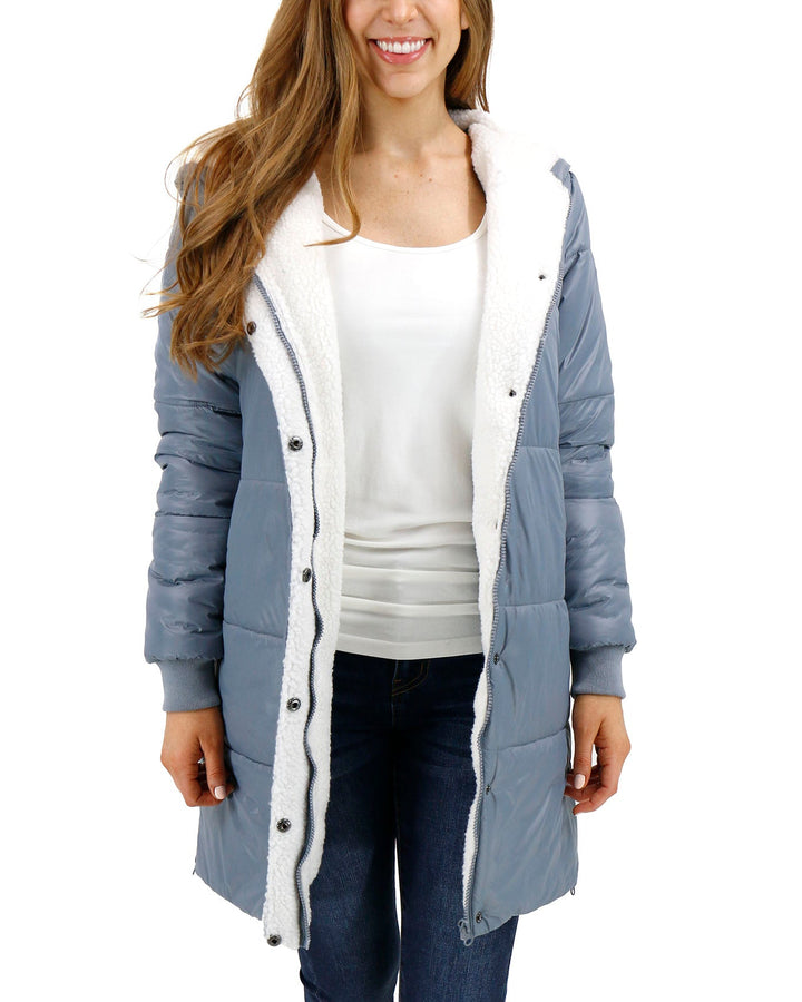 Grace and Lace Longline Hooded Puffer Jacket - Silver Mist