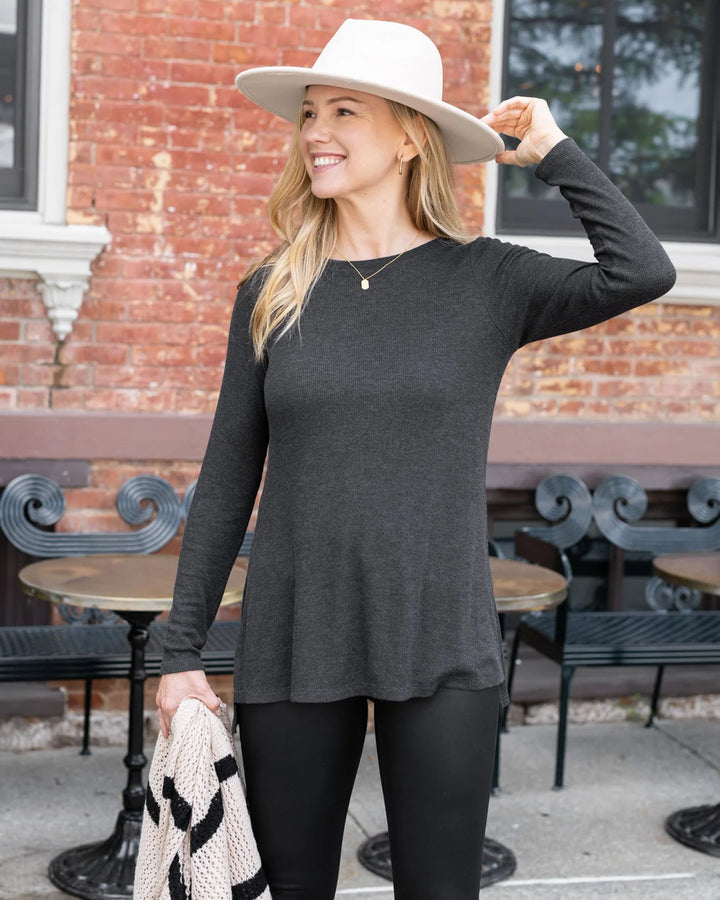 Grace and Lace- Long Sleeve Heathered Charcoal Tunic Tee