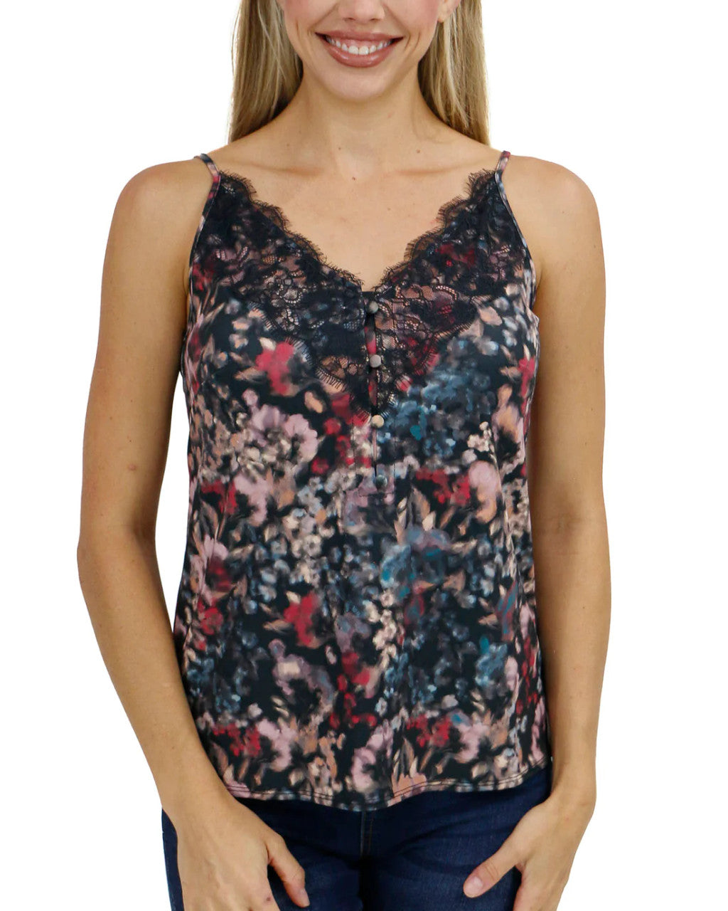 Grace and Lace- Button Lace Trim Cami in Abstract Watercolor