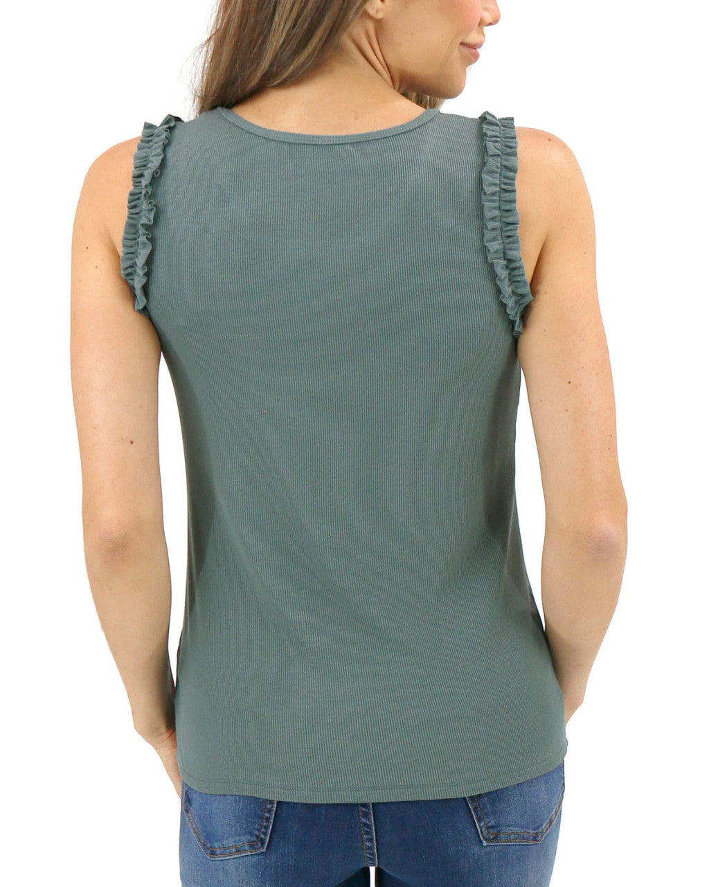 Grace and Lace- Ruffle & Ribbed Tank in Eucalyptus